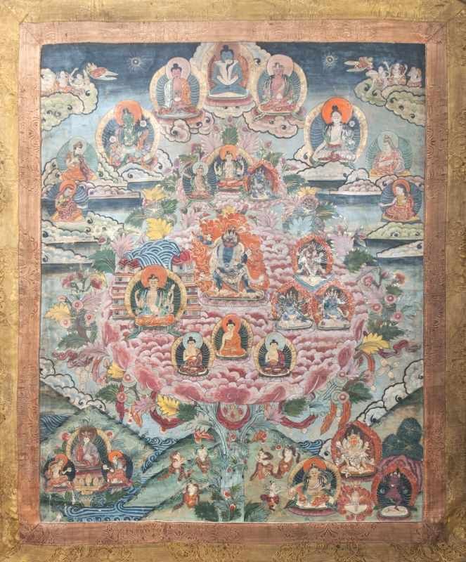 Thangka Indien, Ladakh, 2. Hälfte 19. Jh. Tempera und Gold auf Baumwollgewebe, Brokateinfassung.