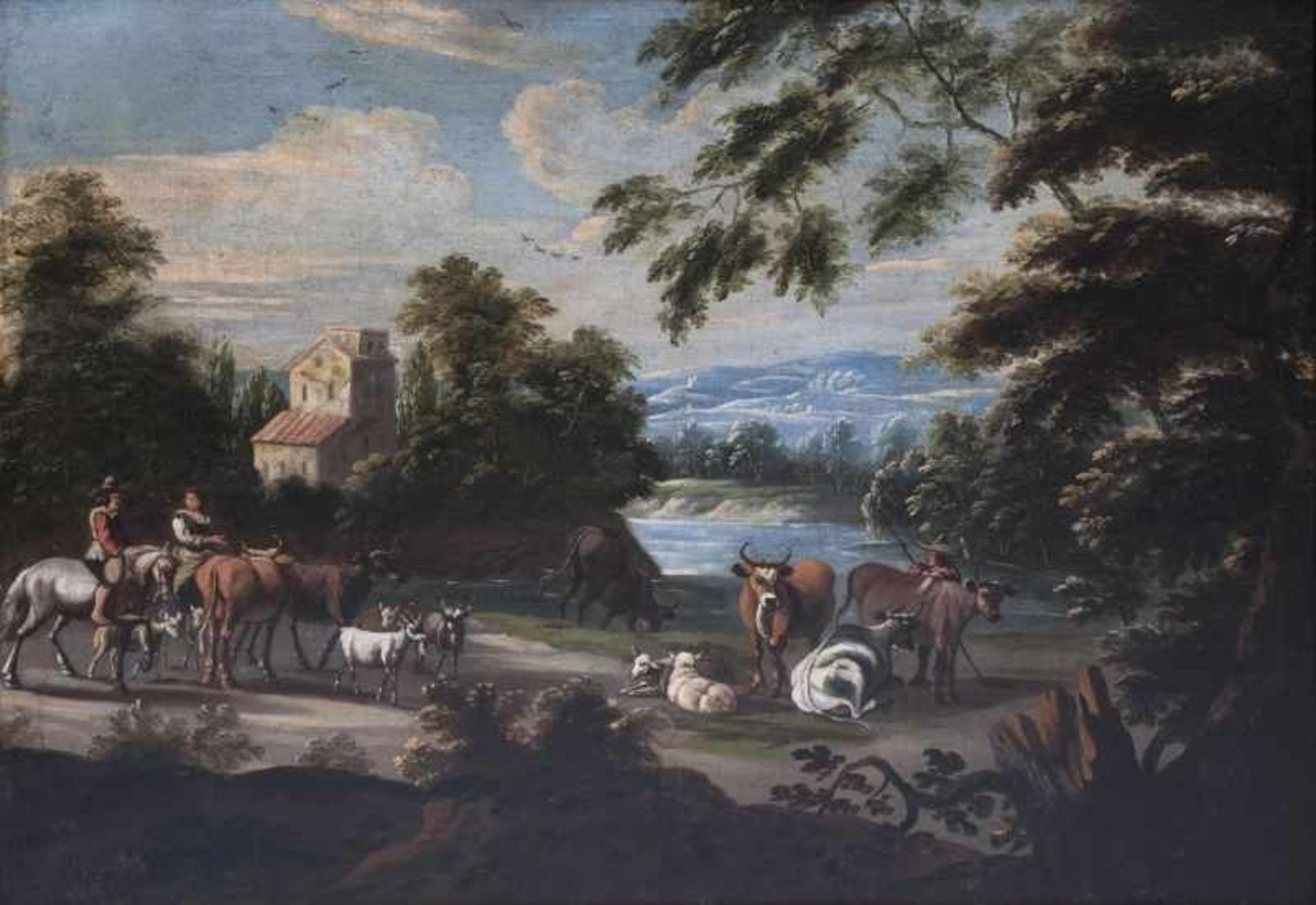 Flämischer Meister tätig um 1700 Südliche Landschaft mit Hirten Öl/Lw., 82,5 x 110 cm, etw. rest.,