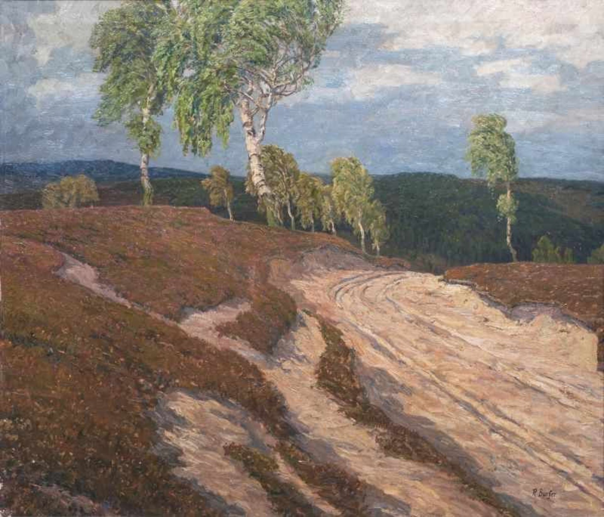 R. Burger tätig Anfang 20. Jh. Hügelige Landschaft mit Birken Öl/Lw., 90 x 105 cm, r. u. sign. R.