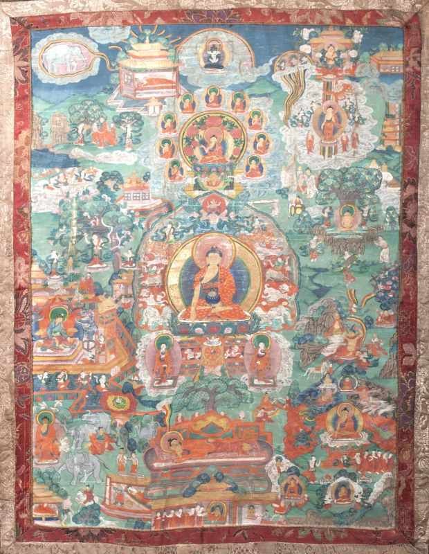 Thangka mit Darstellung der Lebensgeschichte des Buddha Shakyamuni Tibet, Lhasa, um 1900. Tempera