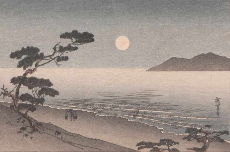 Arai Yoshimune (1873 - 1945), nach Vollmond über der Bucht von Suma Farbholzschnitt, 10,5 x 16 cm,