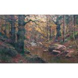 Walter Moras (Berlin 1856 - Berlin 1925) Bachlauf im Herbstwald Öl/Lw., 81 x 120 cm, l. u. sign.