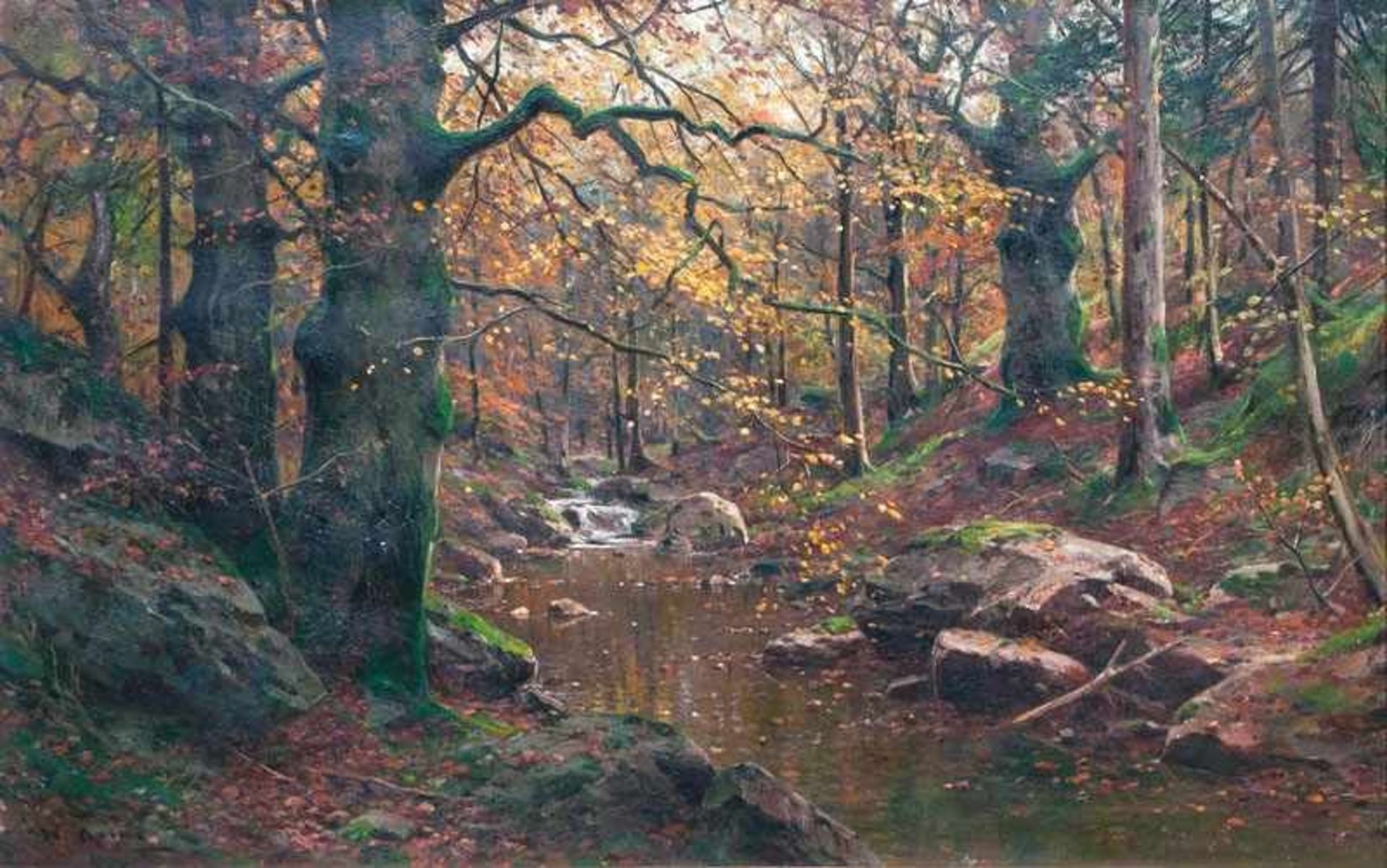 Walter Moras (Berlin 1856 - Berlin 1925) Bachlauf im Herbstwald Öl/Lw., 81 x 120 cm, l. u. sign.