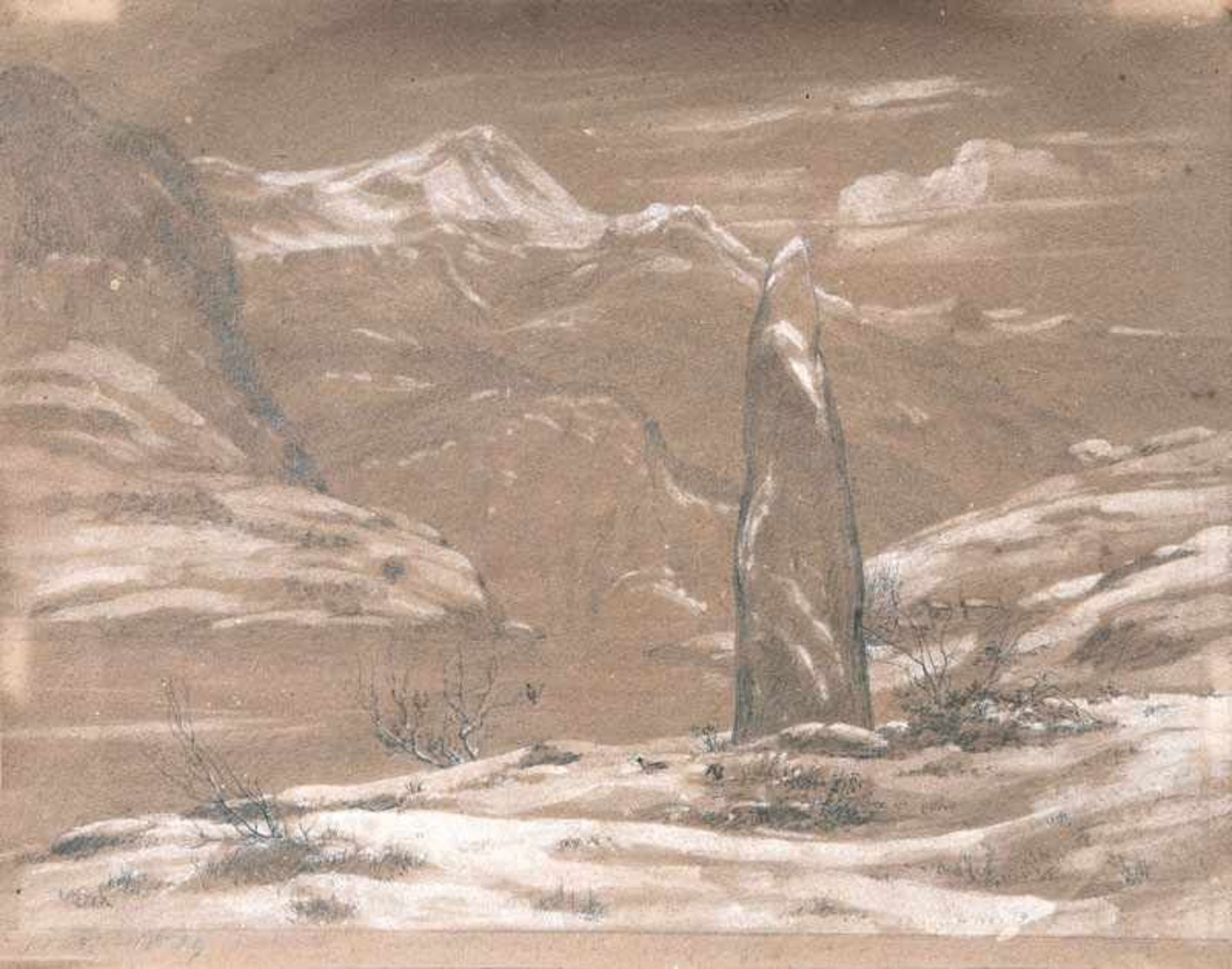 Johan Christian Clausen Dahl (Bergen 1788 - Dresden 1857) Menhir im Sognefjord Bleistiftzeichnung,