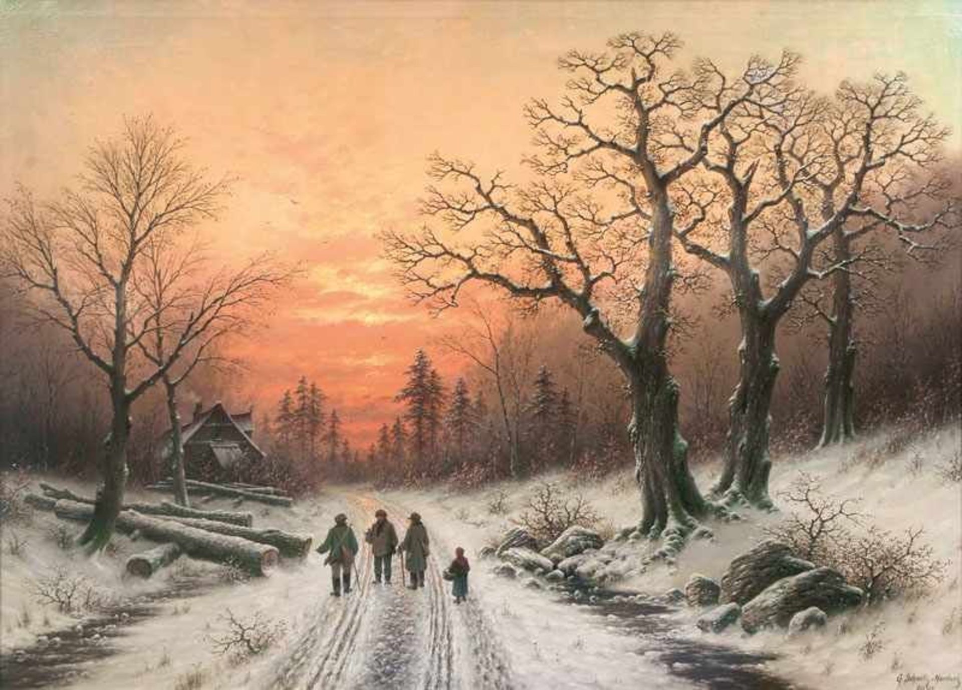 Georg Schmitz (Düsseldorf 1851 - Hamburg 1917) Abend im Winterwald Öl/Lw., 76,5 x 108 cm, G.