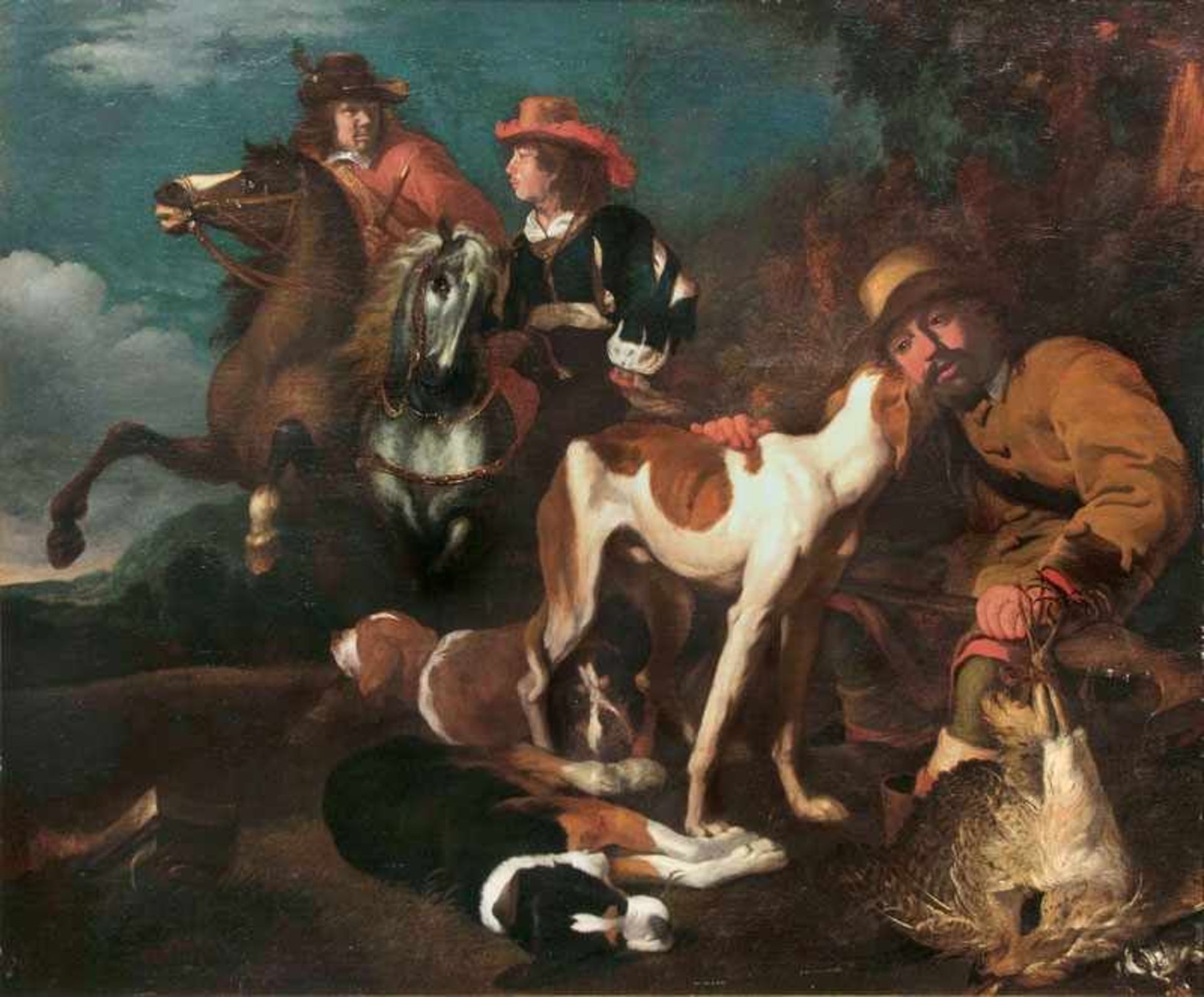 Juriaen Jacobsz (Hamburg um 1625 - Leeuwarden 1685) Rastender Jäger mit Hunden Öl/Lw., 132 x 160 cm,