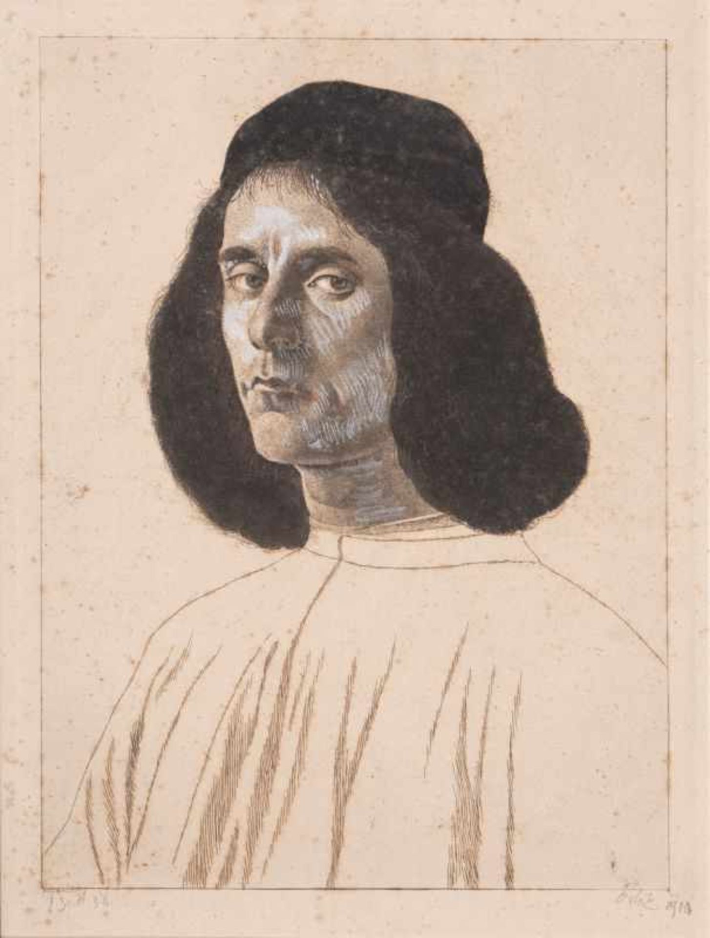 Emil Orlik (Prag 1870 - Berlin 1932) Bildnis nach Botticelli 1911, Radierung u. Rouleau, weiß u. rot