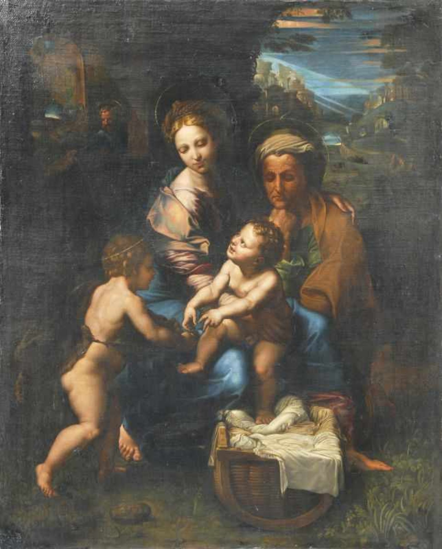 Spanischer Meister tätig 18. Jh. La Perla - Die Heilige Familie Öl/Lw., 144,5 x 115 cm, rest.,