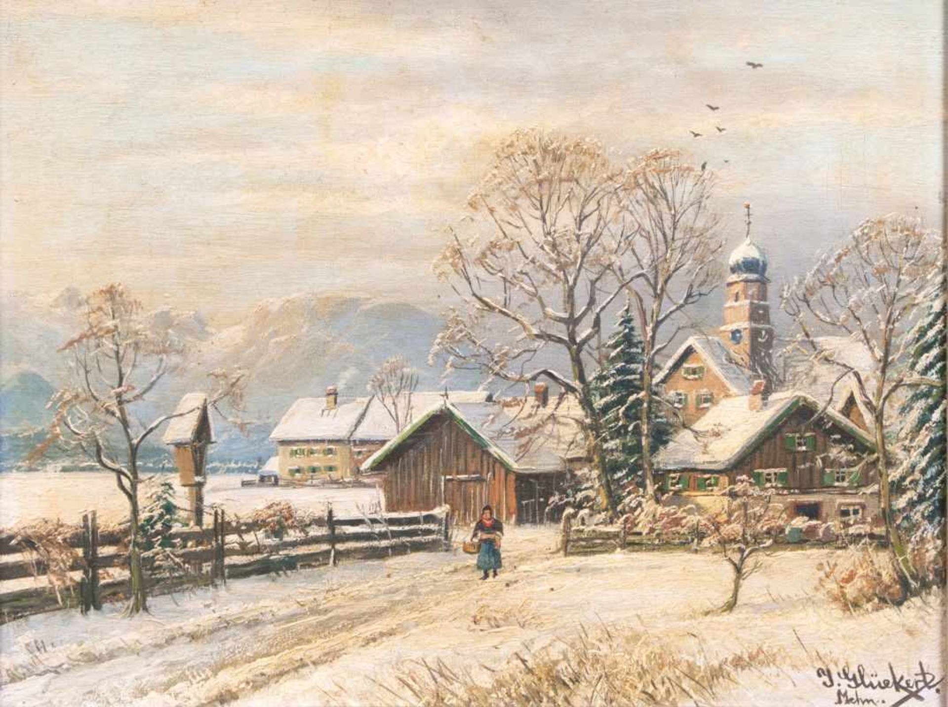 Johannes Glückert (Mainz 1868 - nach 1918) Gaissach bei Bad Tölz im Winter Öl/Lw., 31,5 x 41,5 cm,