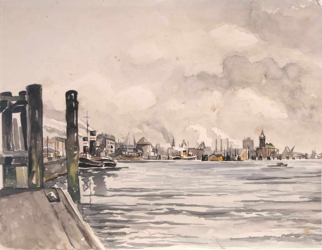 Norddeutscher Künstler tätig Anfang 20. Jh. Landungsbrücken Aquarell, 26 x 62,5 cm, unauffällige