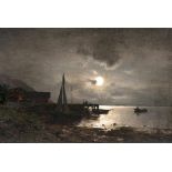 Axel Wilhelm Nordgren (Stockholm 1828 - Düsseldorf 1888) Vollmond am Ufer Öl/Lw., 26,5 x 38,5 cm, l.