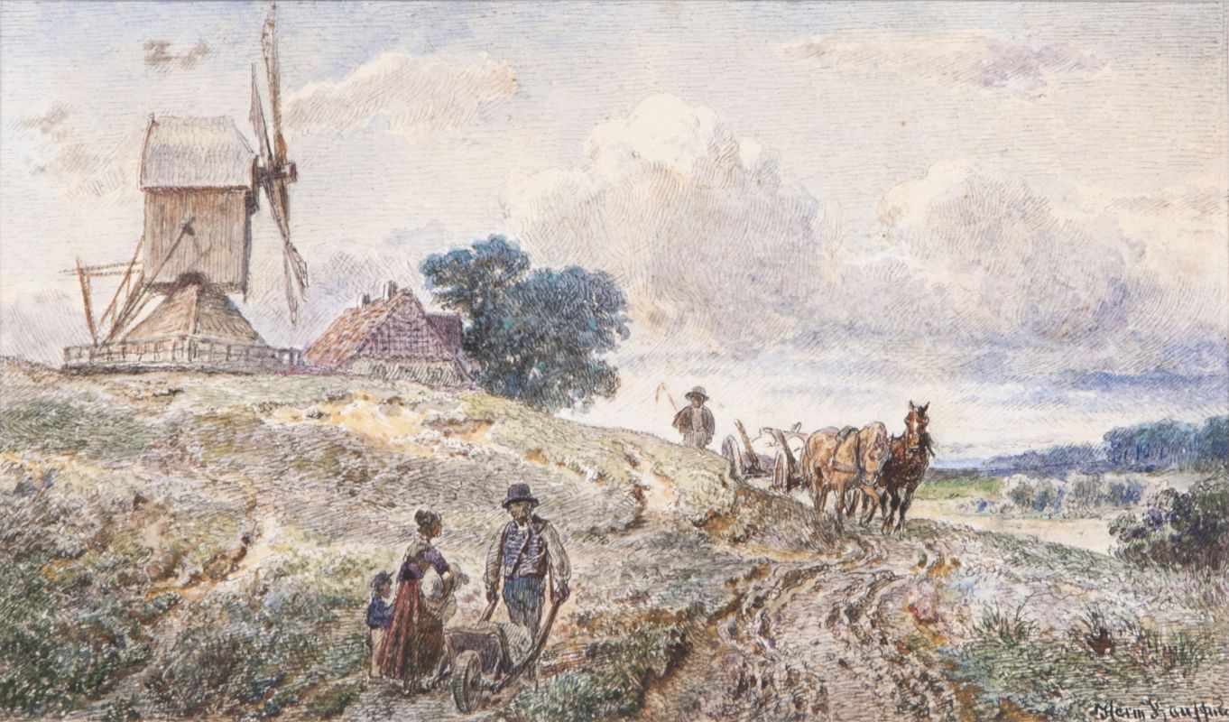 Hermann Kauffmann (Hamburg 1808 - Hamburg 1889) Landschaft mit Windmühle Aquarell u. Federzeichnung,