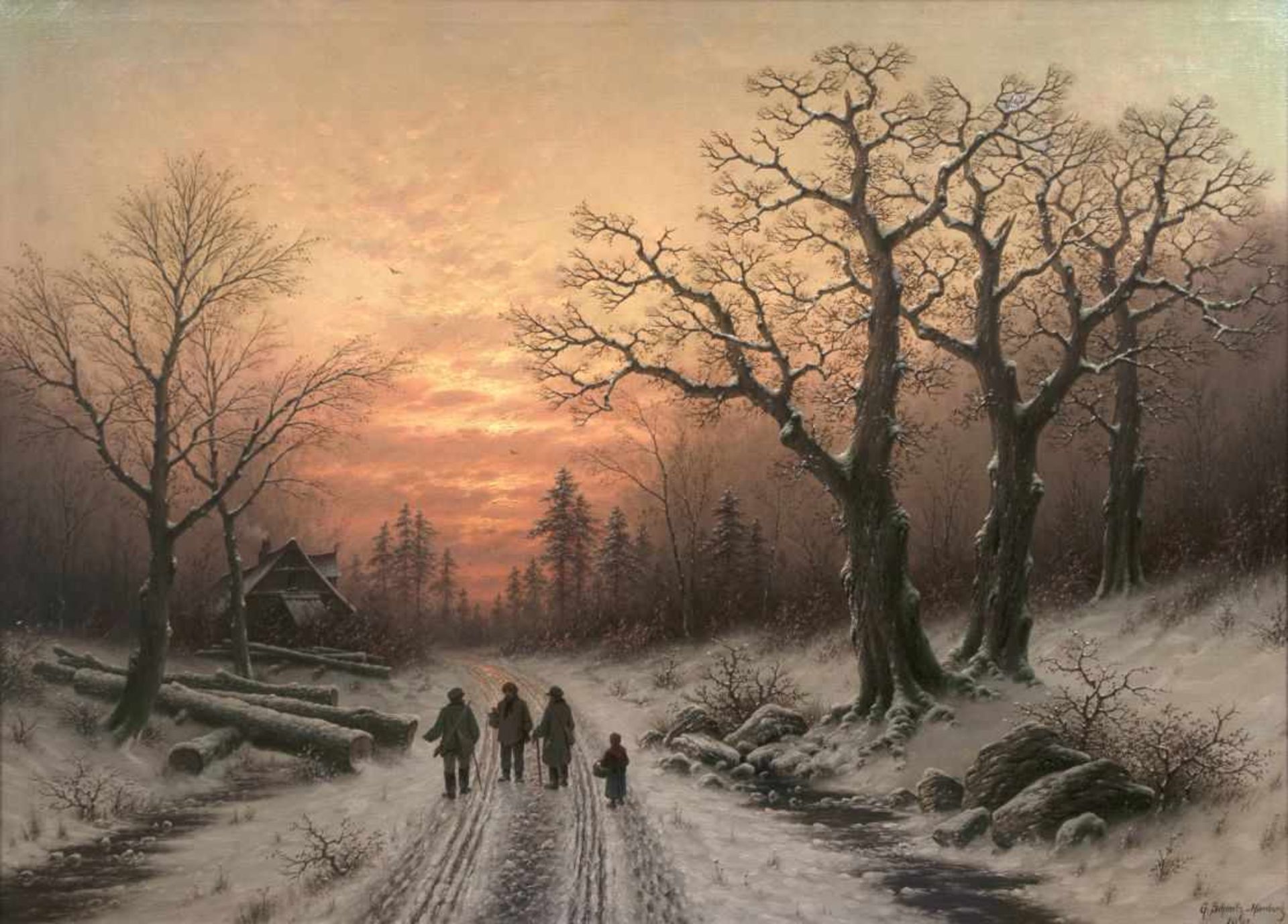 Georg Schmitz (Düsseldorf 1851 - Hamburg 1917) Abend im Winterwald Öl/Lw., 76,5 x 108 cm, G.