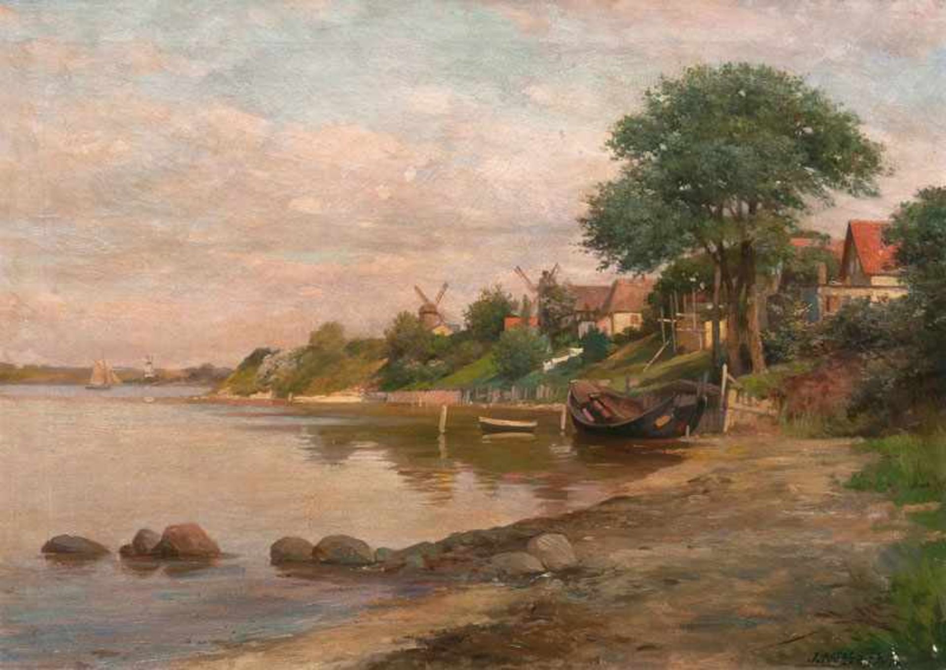 Jacob Nöbbe (Flensburg 1850 - Flensburg 1919) Am Ufer von Ekensund Öl/Lw., 54 x 77 cm, r. u. sign.