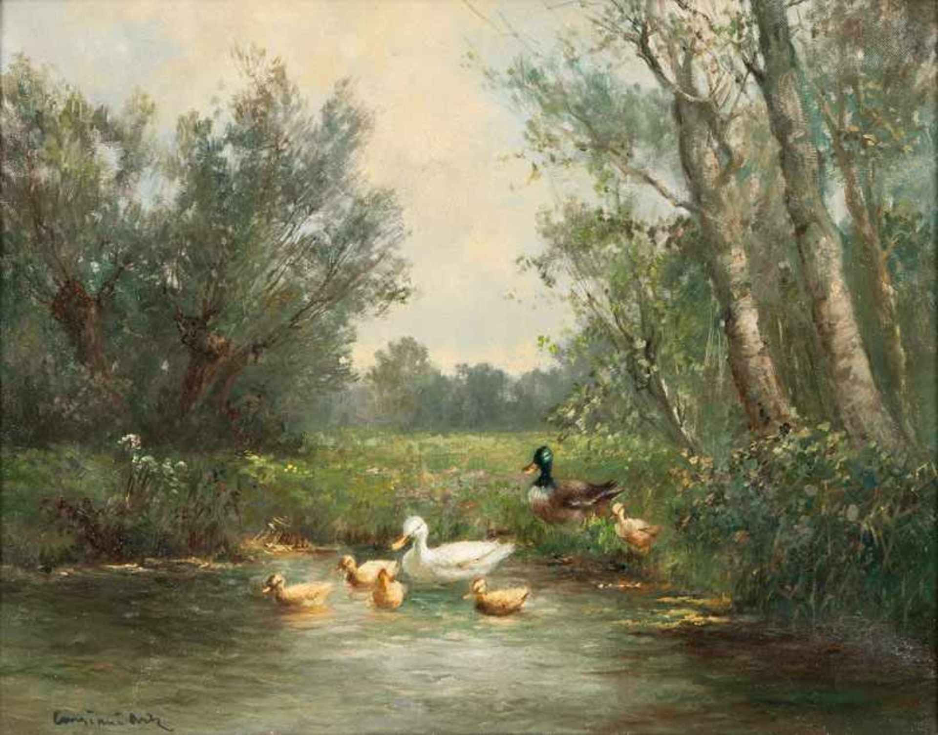 Constant Artz (Paris 1870 - Soest 1951) Entenfamilie auf dem Weg ins Wasser Öl/Lw., 39,5 x 50 cm, l.