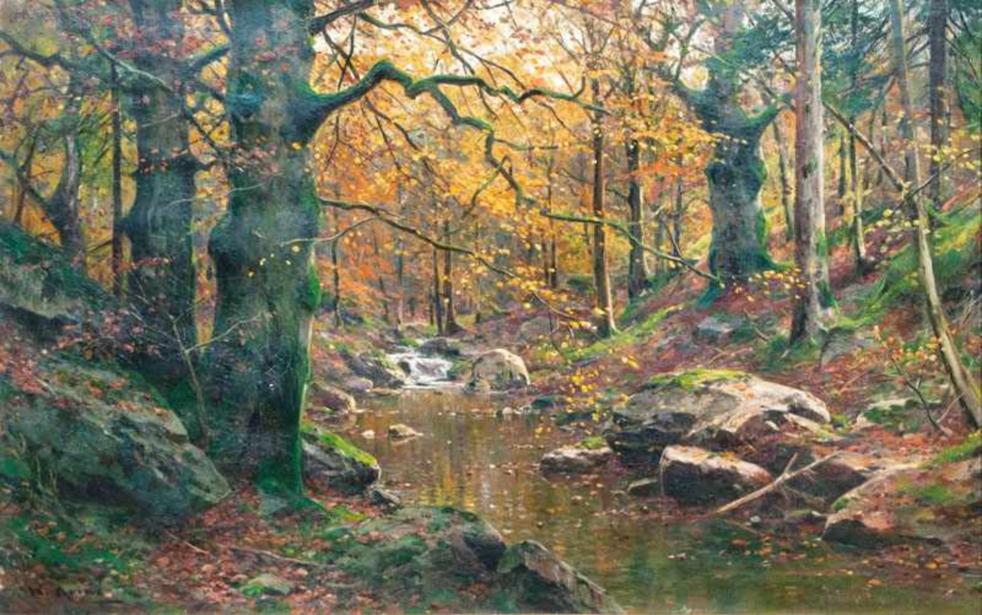 Walter Moras (Berlin 1856 - Berlin 1925) Bachlauf im Herbstwald Öl/Lw., 81 x 120 cm, l. u. sign.