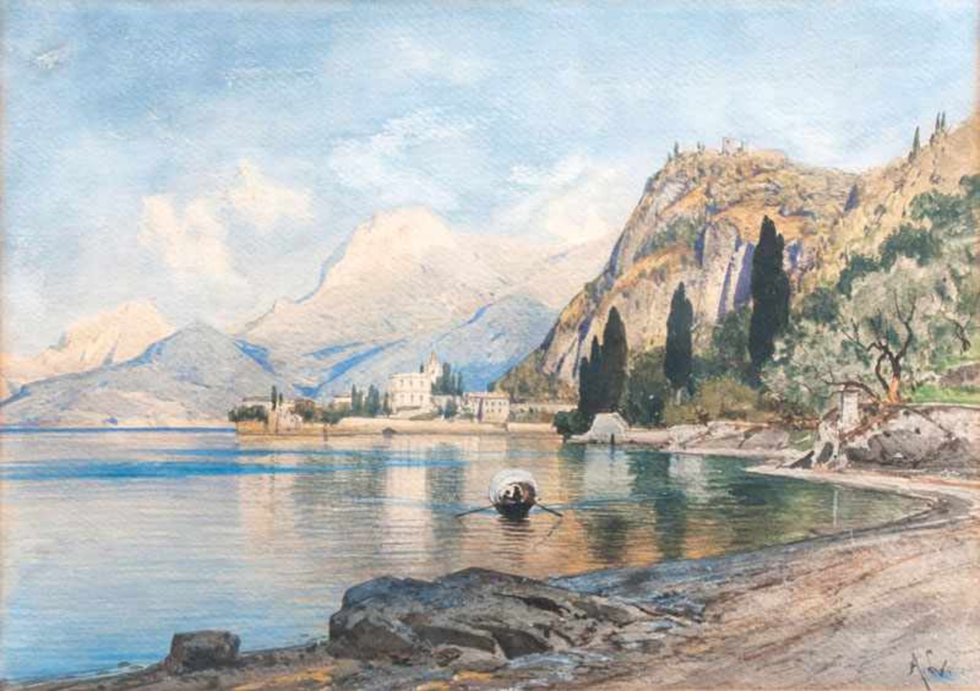 Ascan Lutteroth (Hamburg 1842 - Hamburg 1923) An einem oberitalienischen See Aquarell, 25 x 35,5 cm,