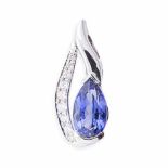 A TANZANITE AND DIAMOND PENDANT claw-set with a pear-shaped tanzanite weighing 2.61cts, set to the