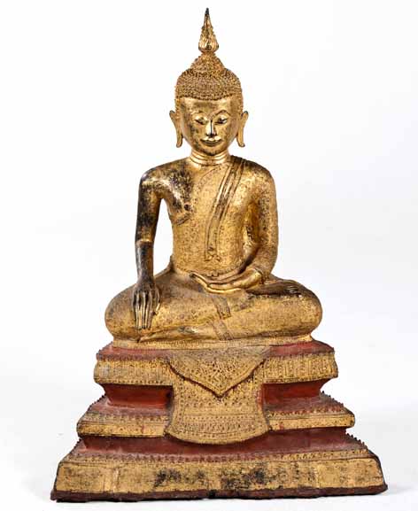 A GILT BRONZE FIGURE OF A SEATED BUDDHA, THAILAND, RATTANAKOSIN PERIOD, 19TH CENTURY raised on a