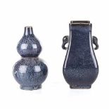 TWO CHINESE MOTTLED BLUE GLAZED VASES comprising: a double-gourd vase and a two-handled vase of