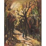 Kenneth Baker (South African 1931-1995) FIGURES ALONG A TREE-LINED PATH signed oil on board 46 by