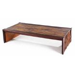 A BRAZILIAN ROSEWOOD, JACARANDA AND MAHOGANY BRUTALIST TABLE DESIGNED BY PERCIVAL LAFER the top