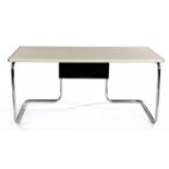 A BAUHAUS STYLE CHROMED AND FORMICA TABLE the rectangular shaped top with chromed banding to the