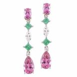 A PAIR OF PINK TOURMALINE, DIAMOND AND EMERALD PENDANT EARRINGS each surmount claw-set with an