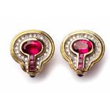A PAIR OF RUBELLITE TOURMALINE AND DIAMOND EAR STUDS, KÖHLER each of oval form with a line of