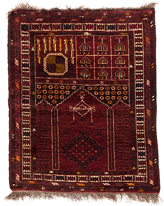 AN AFGHAN PRAYER RUG, MODERN the red mehrab with twin columns and gul, red panel with gul and floral