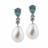 A PAIR OF BAROQUE PEARL, EMERALD AND DIAMOND PENDANT EARRINGS each surmount claw-set with a pear-