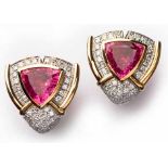 A PAIR OF RUBELLITE TOURMALINE AND DIAMOND EAR STUDS, KÖHLER each centred with a trillion-cut