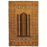 A PANDERMA PRAYER RUG, TURKEY, CIRCA 1940 the slate-blue mehrab with twin columns and central tree