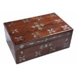 A ROSEWOOD AND MOTHER-OF-PEARL INLAID TRAVELLING WRITING DESK the hinged lid decorated with floral
