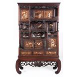 A CHINESE EXPORT ROSEWOOD, BONE AND MOTHER-OF-PEARL INLAID DISPLAYCABINET, 20TH CENTURY the outswept