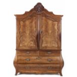 A DUTCH FRUITWOOD ARMOIRE, 19TH CENTURY in two parts, the gabled top centred by a foliate