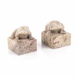 A PAIR OF CHINESE HARDSTONE TOAD SEALS each square seal surmounted with a toad, the stubby body