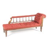 A VICTORIAN UPHOLSTERED CHAISE LONGUE the long rectangular tufted stuff-over seat below a