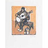 Peter Clarke (South African 1929-2014) THE GUITARIST linocut printed in colours, signed, dated 17/