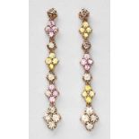 A PAIR OF CHAMPAGNE COLOURED DIAMONDS, PINK AND YELLOW SAPPHIRE PENDANT EARRINGS each designed as an