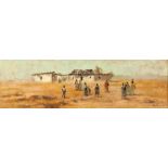 Otto Klar (South African 1908-1994) RURAL SETTLEMENT signed oil on board 14,5 by 50cm