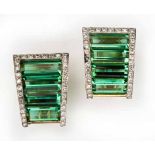 A PAIR OF GREEN TOURMALINE AND DIAMOND EARRINGS, KÖHLER each designed as a row of baguette-cut green