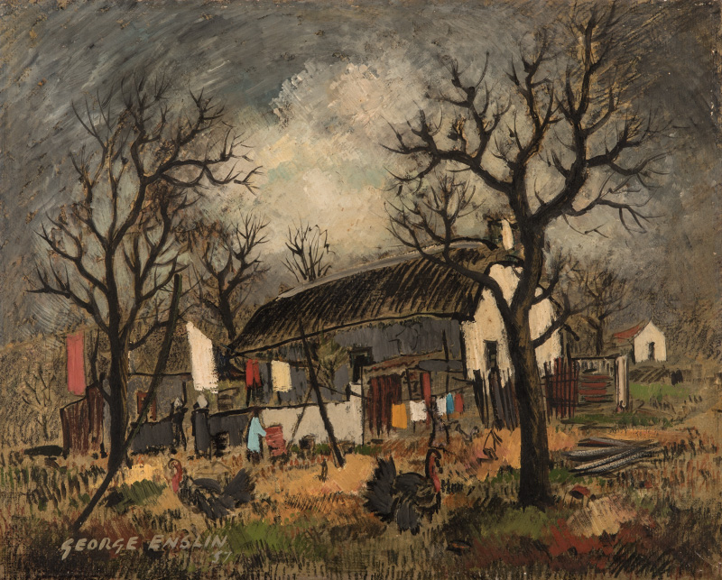 George Enslin (South African 1919-1972) FARMHOUSE WITH TURKEYS signed and dated '57 oil on board