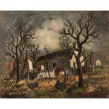 George Enslin (South African 1919-1972) FARMHOUSE WITH TURKEYS signed and dated '57 oil on board