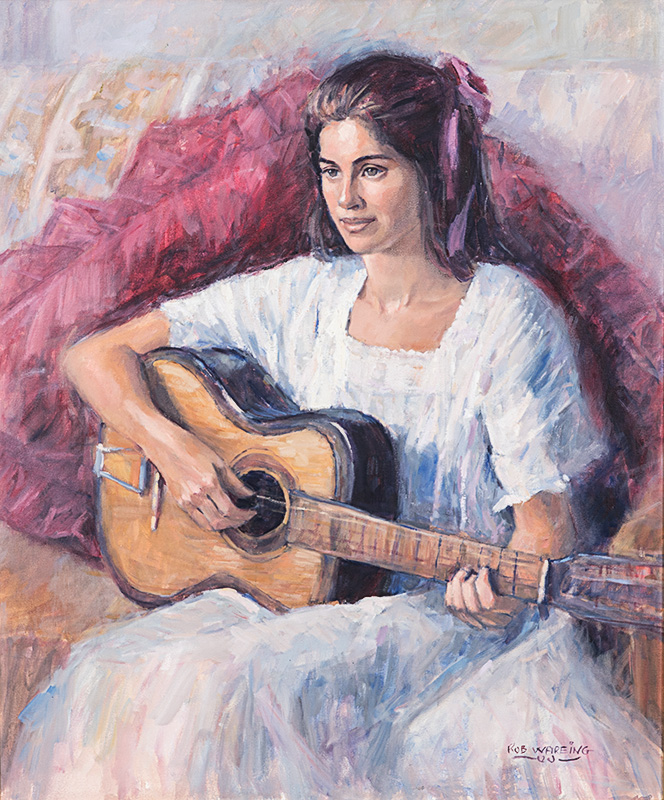 Rob Wareing (South African 20th Century-) GIRL WITH GUITAR signed oil on canvas 89 by 74cm