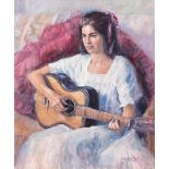 Rob Wareing (South African 20th Century-) GIRL WITH GUITAR signed oil on canvas 89 by 74cm