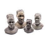 Hezekiel Ntuli ( 1912-1973) FOUR CLAY BUSTS three signed and titled clay height: 14,5cm (tallest) (