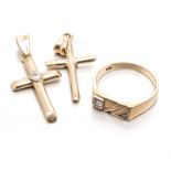 A MISCELLANEOUS GROUP OF JEWELLERY ITEMS including, two plain crucifixes, acid tested as 9ct gold