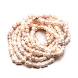 A BAROQUE PEARL NECKALCE a single strand of cream, pink and grey baroque pearls, approximately 250cm