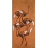 Dieter Aschenborn (Namibian 1915-2002) OSTRICHES signed and dated 70 watercolour on leather 117 by